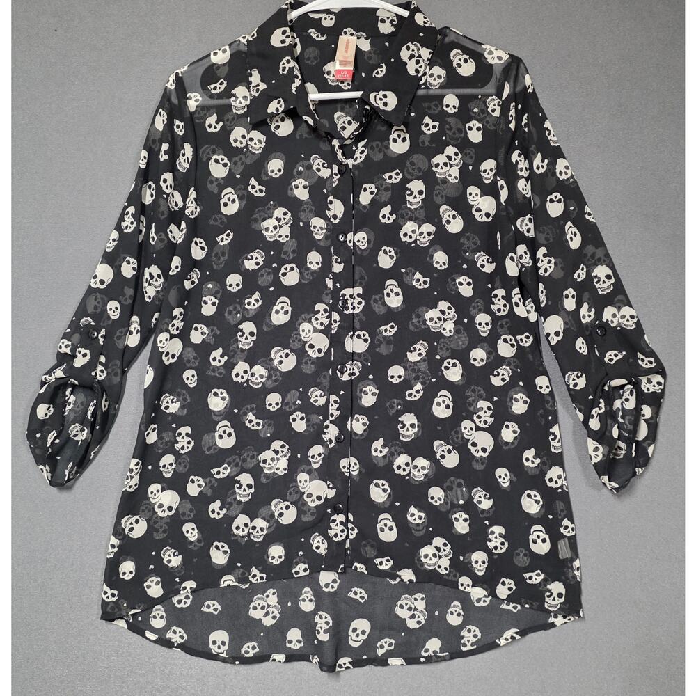 No Boundaries Womens Large Blouse Skulls Sheer Relaxed Whimsygoth Grunge